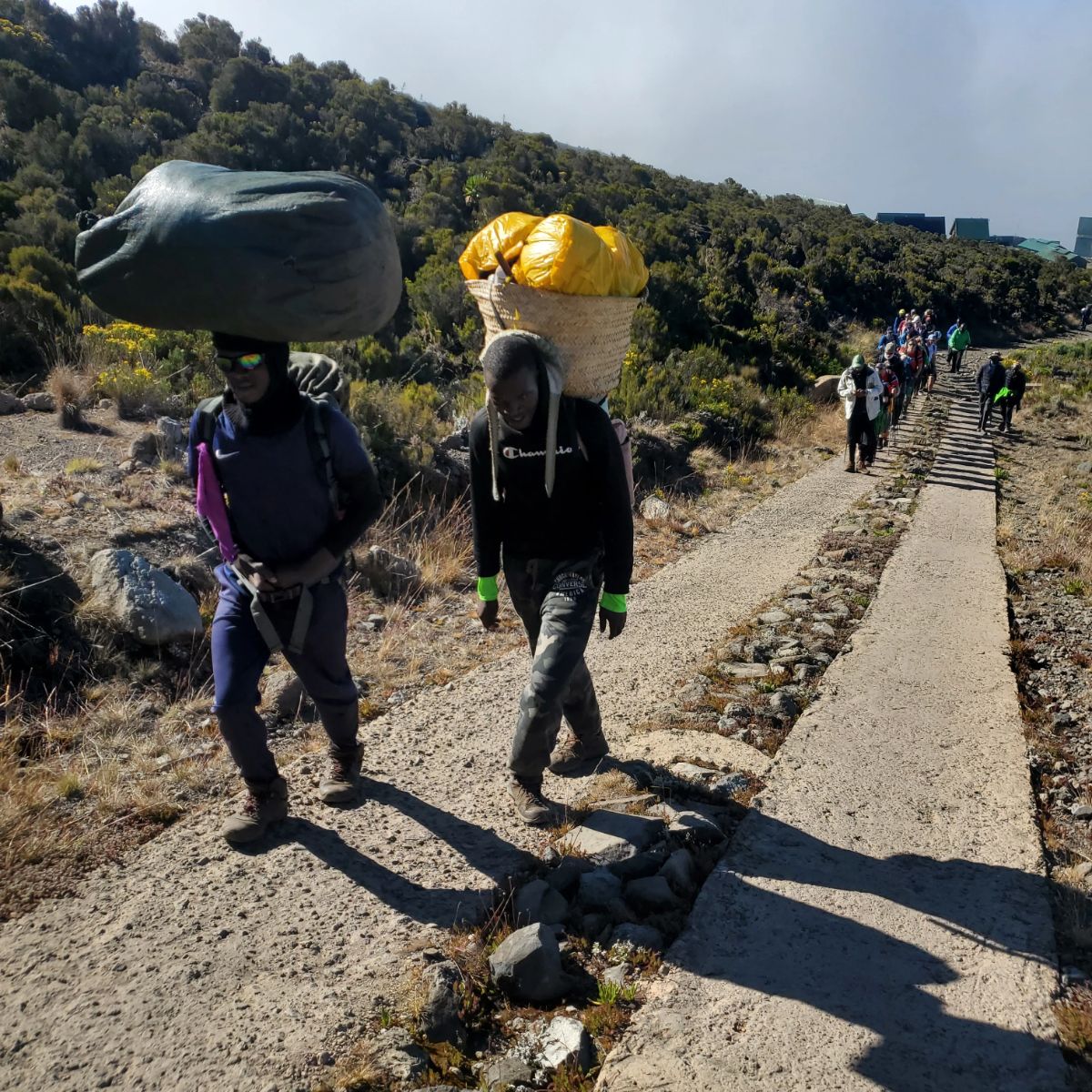 Porters carrying luggage as they head toward the next camp.